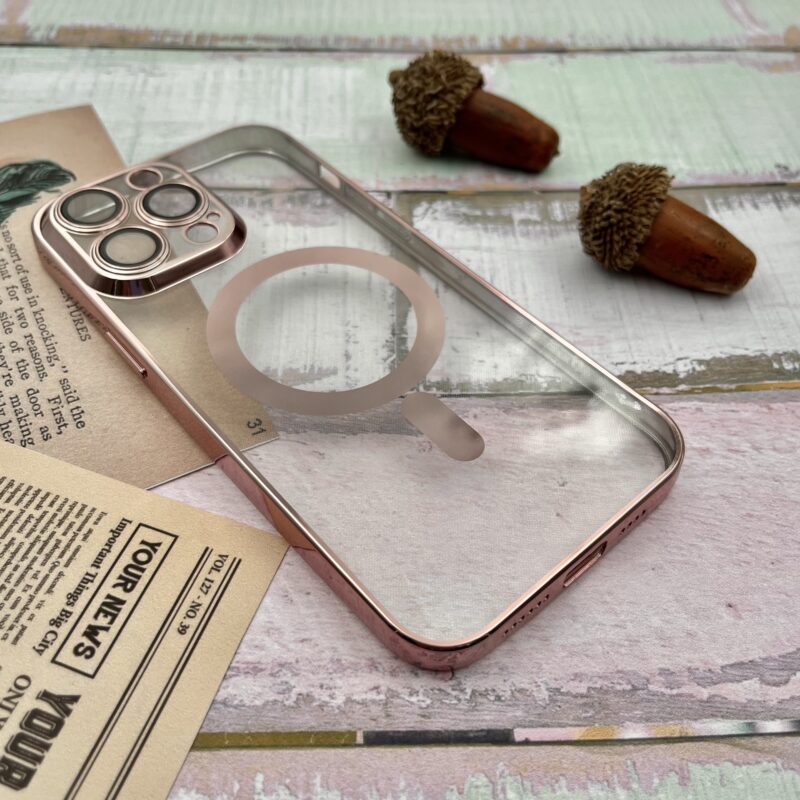 قاب گوشی iPhone 14 Pro Max آیفون اورجینال ژله ای طرح الکتروپلیتینگ شفاف مگ سیفی ژله ای Unique Case محافظ لنز دار گلسی رز گلد کد 16109 - Image 2
