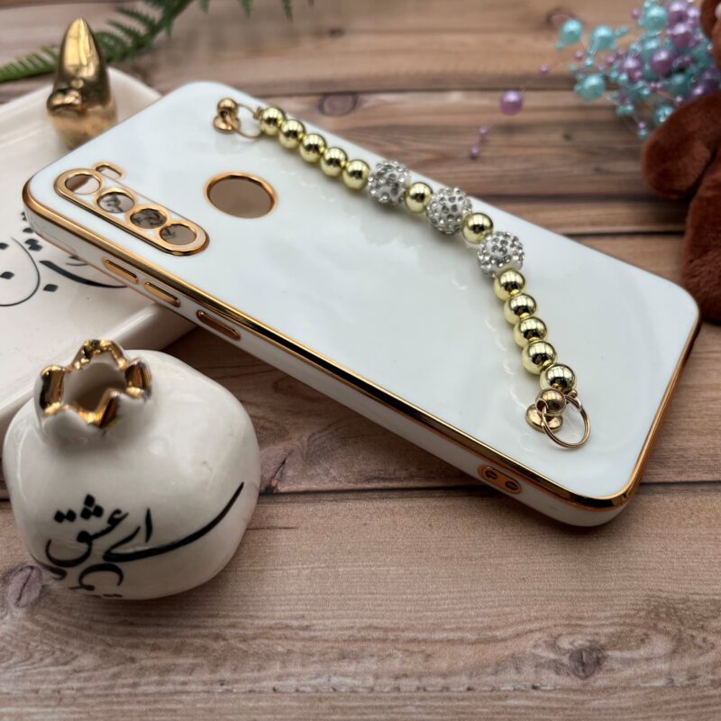 قاب گوشی Xiaomi Redmi Note 8 / Redmi Note 8 2021 شیائومی مای کیس لاکچری My Case دستبندی نگین دار مرواریدی محافظ لنز دار سفید دور طلایی کد 10195 - Image 2