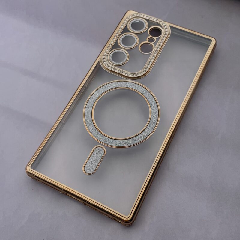 قاب گوشی Galaxy S24 Ultra سامسونگ نیوالکتروپلیتینگ شفاف دور الماسی لاکچری محافظ لنز گلسی نگین دار طلایی کد 39062 - Image 2