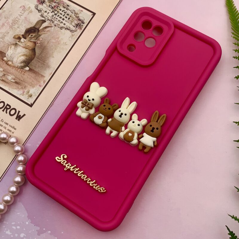 قاب گوشی Galaxy A12 / Galaxy M12 سامسونگ Solid Case سیلیکونی خانواده خرگوش برجسته سه بعدی محافظ لنز دار سرخابی کد 68946 - Image 2