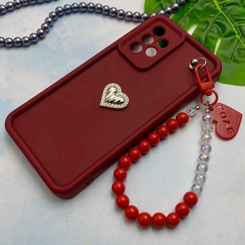 قاب گوشی Galaxy A52 / Galaxy A52S سامسونگ Solid Case سیلیکونی مرواریدی دستبندی قلبی جدا شونده زرشکی کد 84832 - Image 2
