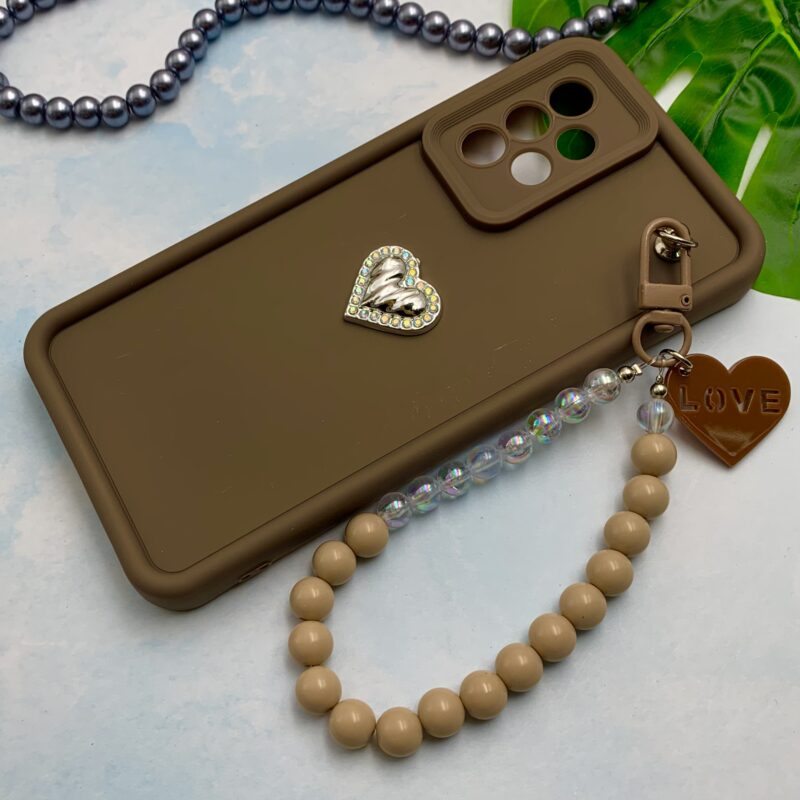 قاب گوشی Galaxy A52 / Galaxy A52S سامسونگ Solid Case سیلیکونی مرواریدی دستبندی قلبی جدا شونده قهوه ای کد 99925 - Image 2
