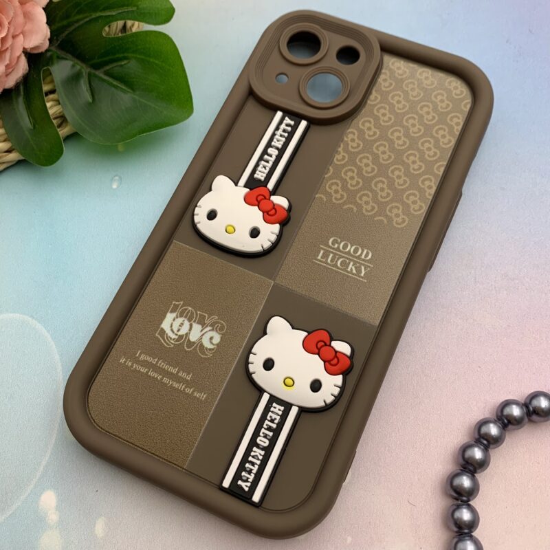 قاب گوشی iPhone 13 آیفون سیلیکونی Solid Case اورجینال عروسکی برجسته HELLO KITTY کیتی محافظ لنزدار قهوه ای کد 19206 - Image 2