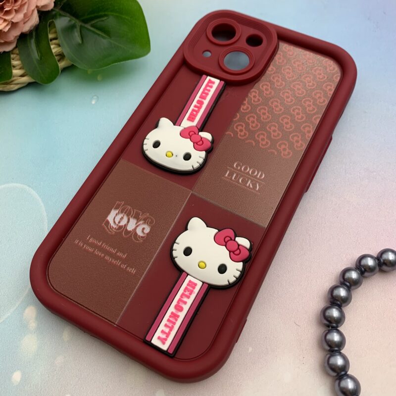قاب گوشی iPhone 13 آیفون سیلیکونی Solid Case اورجینال عروسکی برجسته HELLO KITTY کیتی محافظ لنزدار زرشکی کد 32402 - Image 2