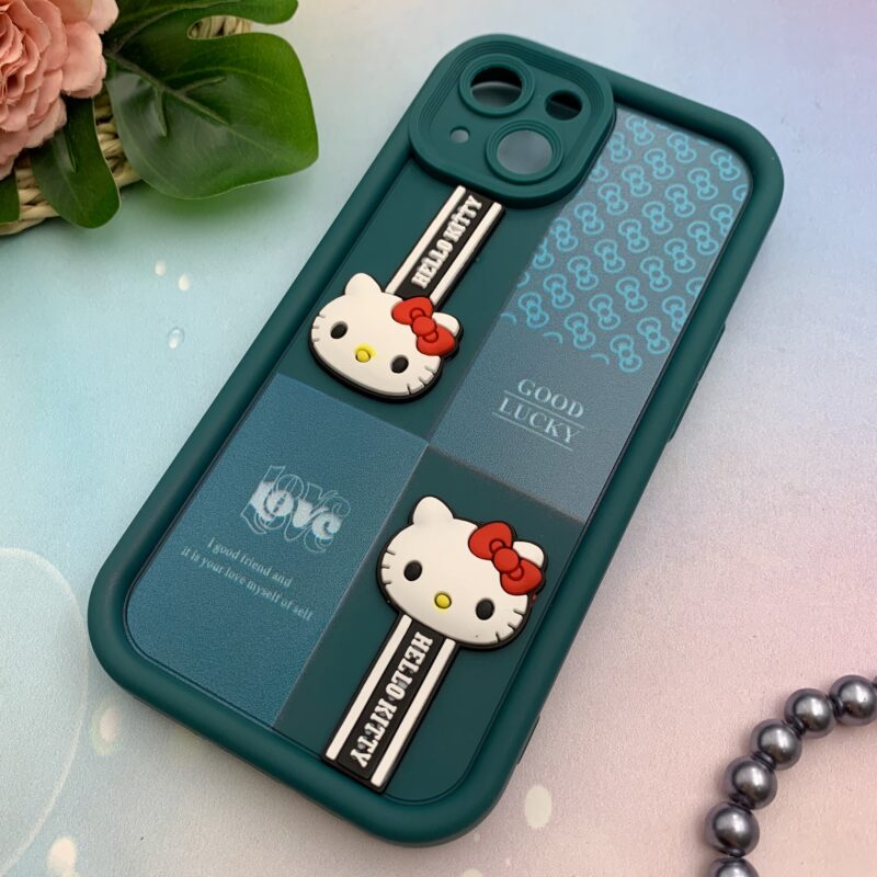 قاب گوشی iPhone 13 آیفون سیلیکونی Solid Case اورجینال عروسکی برجسته HELLO KITTY کیتی محافظ لنزدار سبز کد 89316 - Image 2