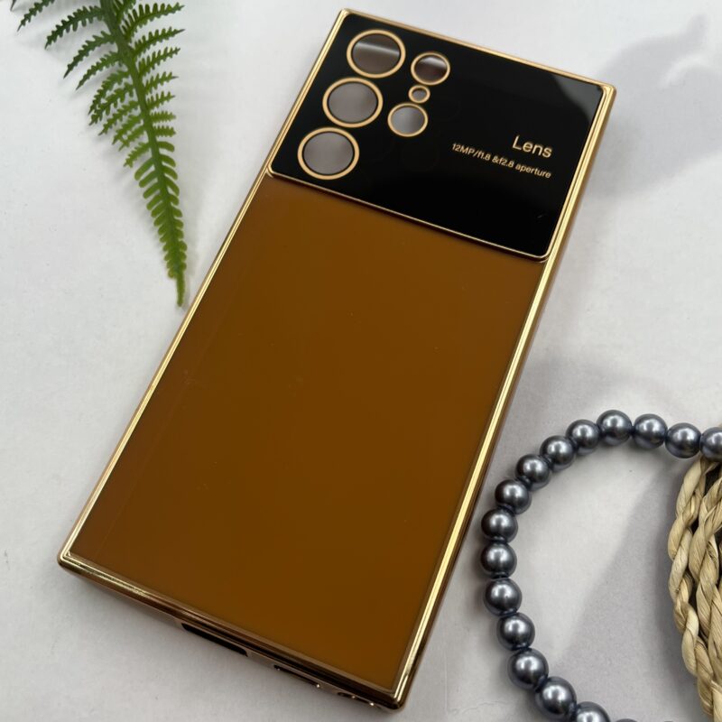 قاب گوشی Galaxy S22 Ultra سامسونگ ژله ای دور طلایی Camera lens محافظ لنز دار شیشه ای عسلی کد 16438 - Image 2