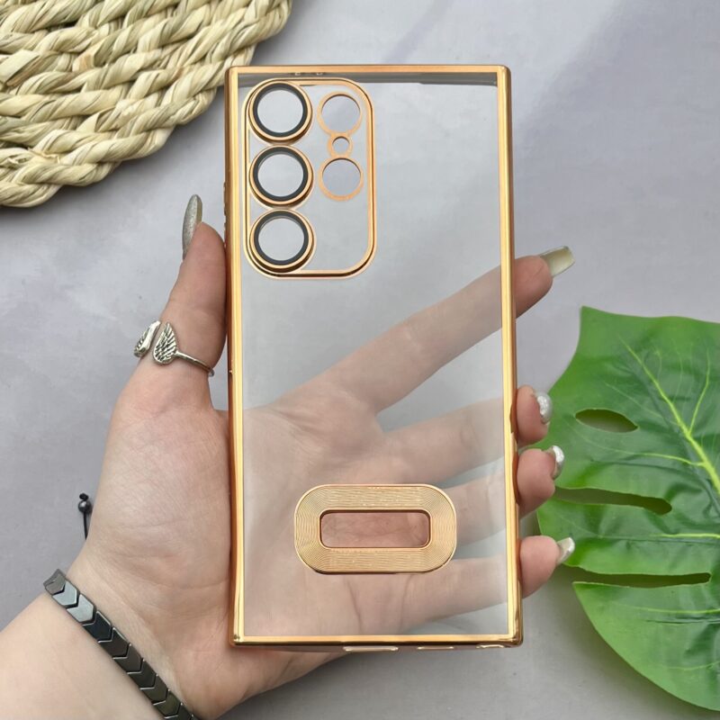 قاب گوشی Galaxy S24 Ultra سامسونگ الکتروپلیتینگ شفاف ژله ای مگ سیف محافظ لنز دار شیشه ای طلایی کد 21048