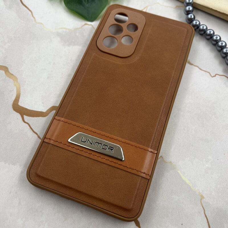 قاب گوشی Galaxy A53 سامسونگ چرم UNIMOR اورجینال دوختی لوگو فلزی عسلی محافظ لنز دار کد 37115 - Image 2