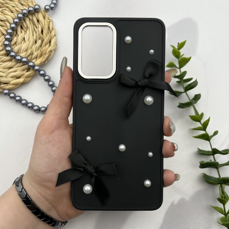 قاب گوشی Galaxy A52 / Galaxy A52S سامسونگ سیلیکونی پاپیون دار مرواریدی برجسته لنز متال مشکی کد 48564