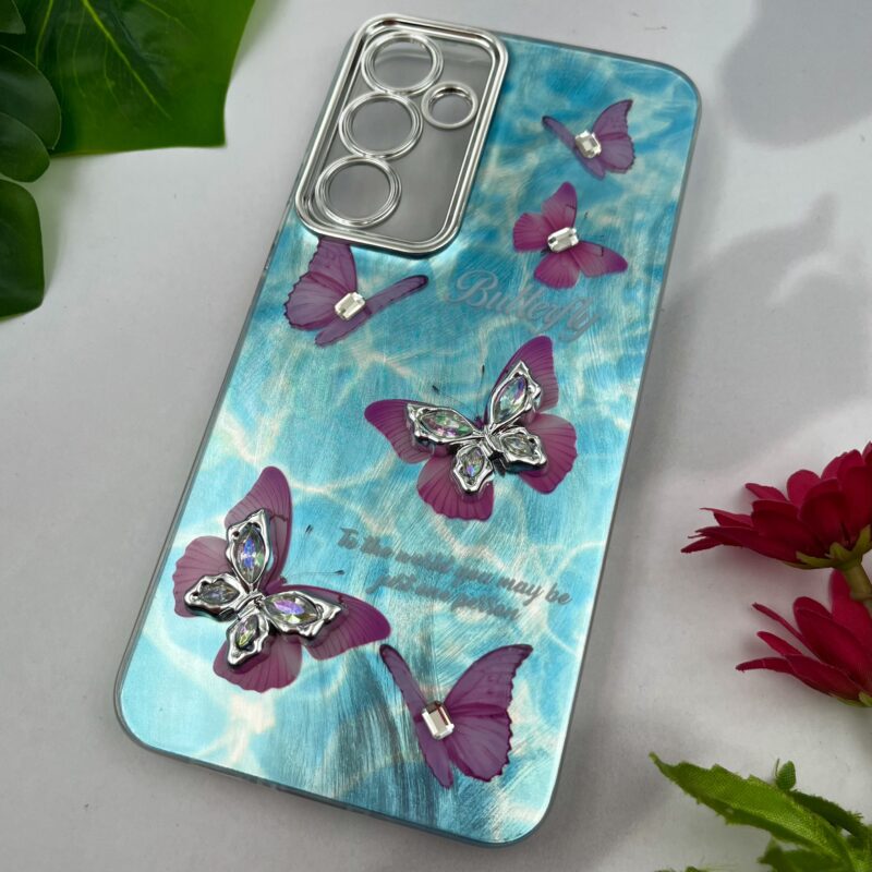 قاب گوشی Galaxy A55 سامسونگ Brush متال اورجینال طرح پروانه الماسی برجسته آبی محافظ لنز دار کد 14575 - Image 2