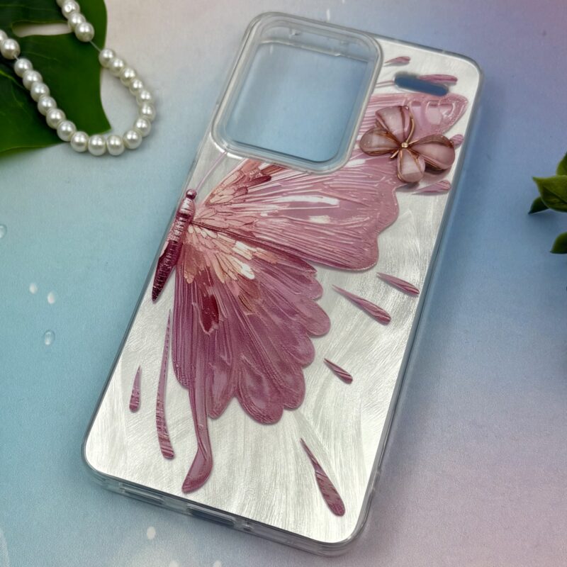 قاب گوشی Redmi Note 13 Pro Plus شیائومی Brush طرح نقاشی پروانه برجسته لاکچری صورتی نقره ای متال کد 48309 - Image 2