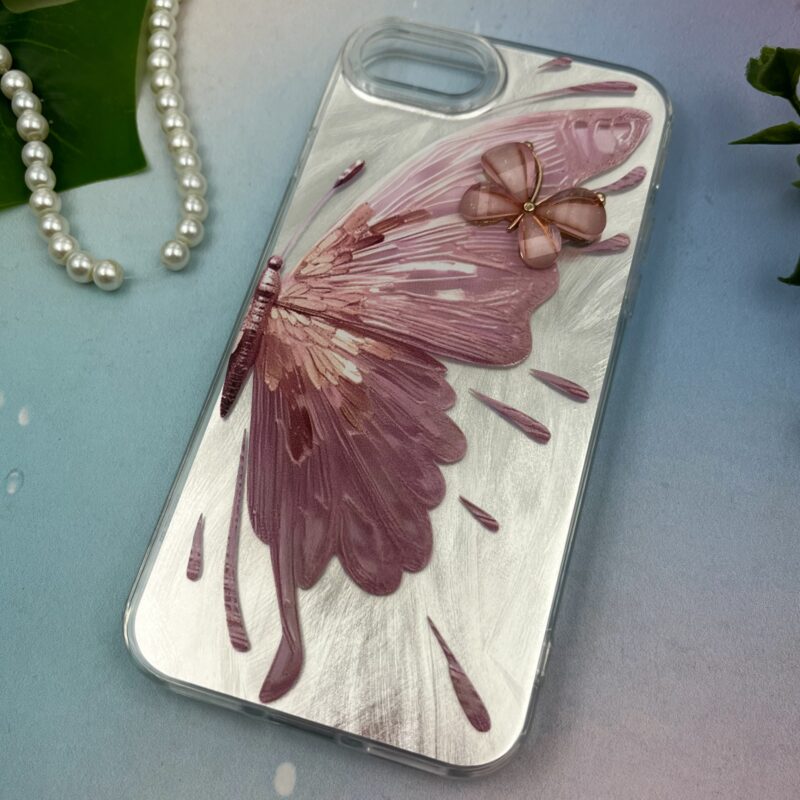 قاب گوشی iPhone 7 / iPhone 8 / iPhone SE 2020 / iPhone SE 2022 آیفون Brush طرح نقاشی پروانه برجسته لاکچری صورتی نقره ای متال کد 51780 - Image 2