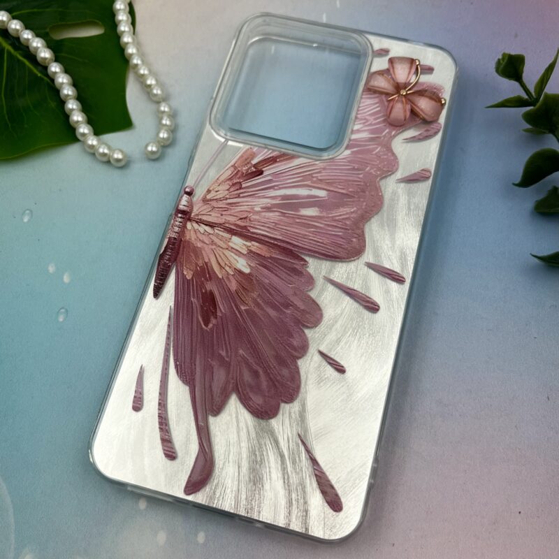 قاب گوشی Redmi 13C / Poco C65 شیائومی Brush طرح نقاشی پروانه برجسته لاکچری صورتی نقره ای متال کد 83957 - Image 2