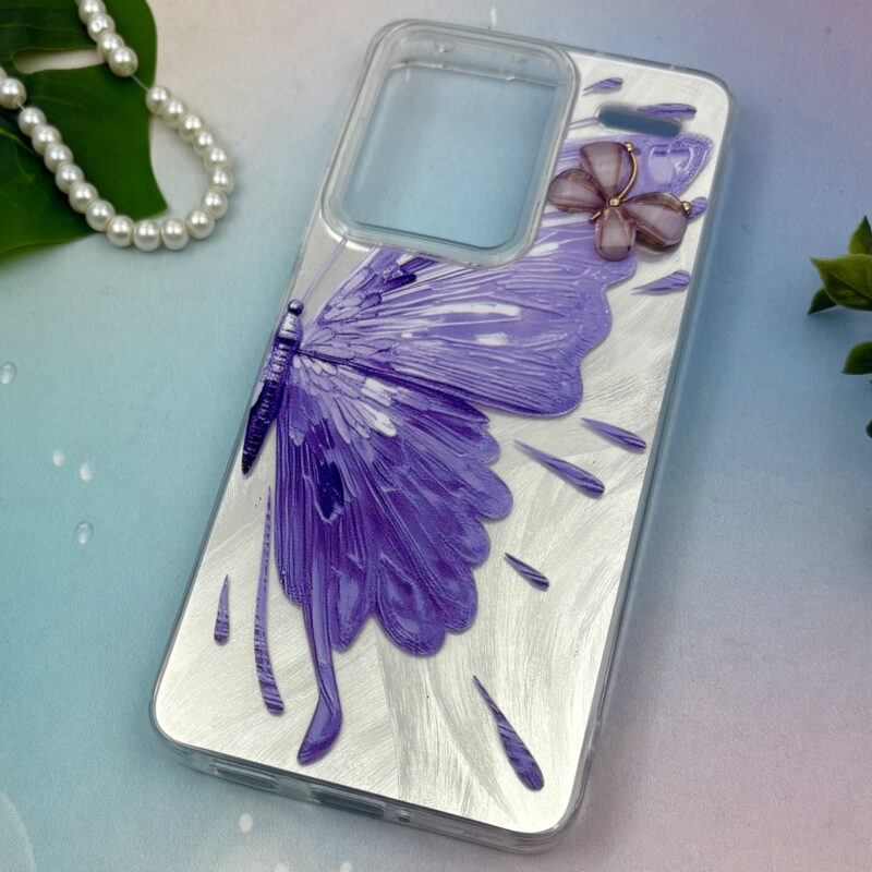 قاب گوشی Redmi Note 13 Pro Plus شیائومی Brush طرح نقاشی پروانه برجسته لاکچری یاسی نقره ای متال کد 84298 - Image 2