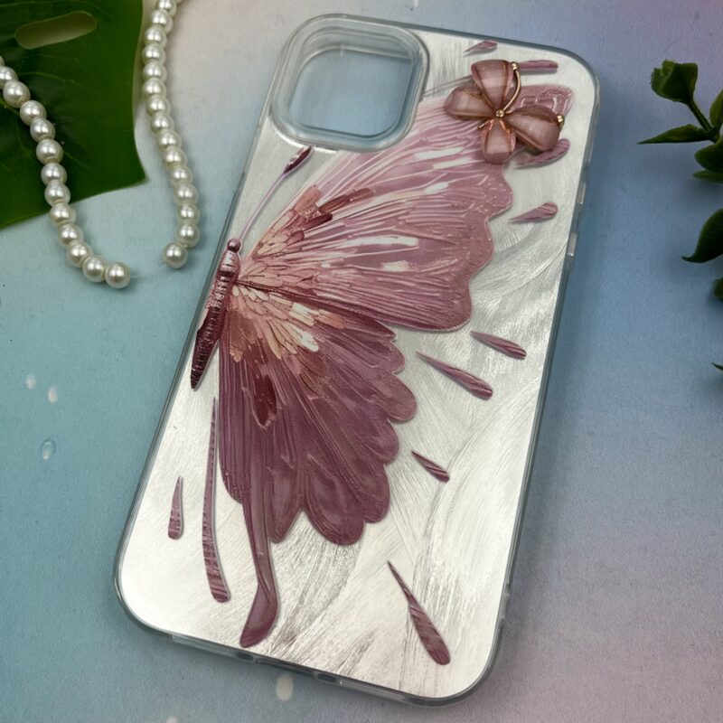 قاب گوشی iPhone 11 آیفون Brush طرح نقاشی پروانه برجسته لاکچری صورتی نقره ای متال کد 96620 - Image 2