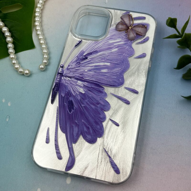 قاب گوشی iPhone 11 آیفون Brush طرح نقاشی پروانه برجسته لاکچری یاسی نقره ای متال کد 98345 - Image 2