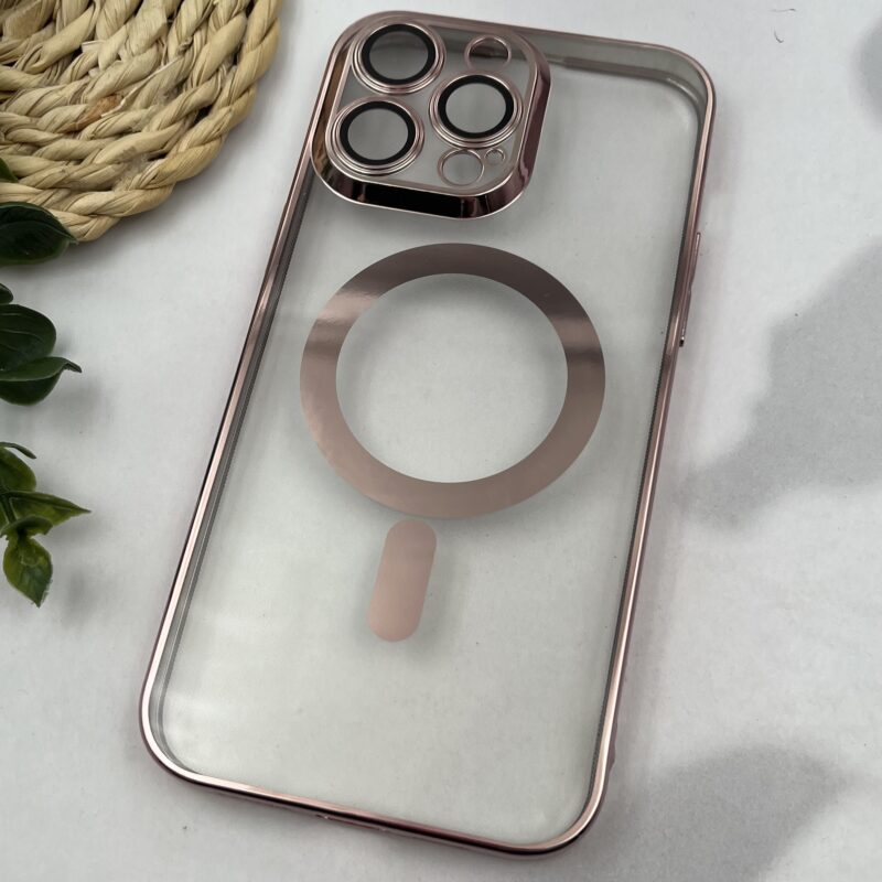 قاب گوشی iPhone 14 Pro Max آیفون اورجینال ژله ای طرح الکتروپلیتینگ شفاف طرح مگ سیف Unique Case محافظ لنز دار گلسی رز گلد کد 63861 - Image 2