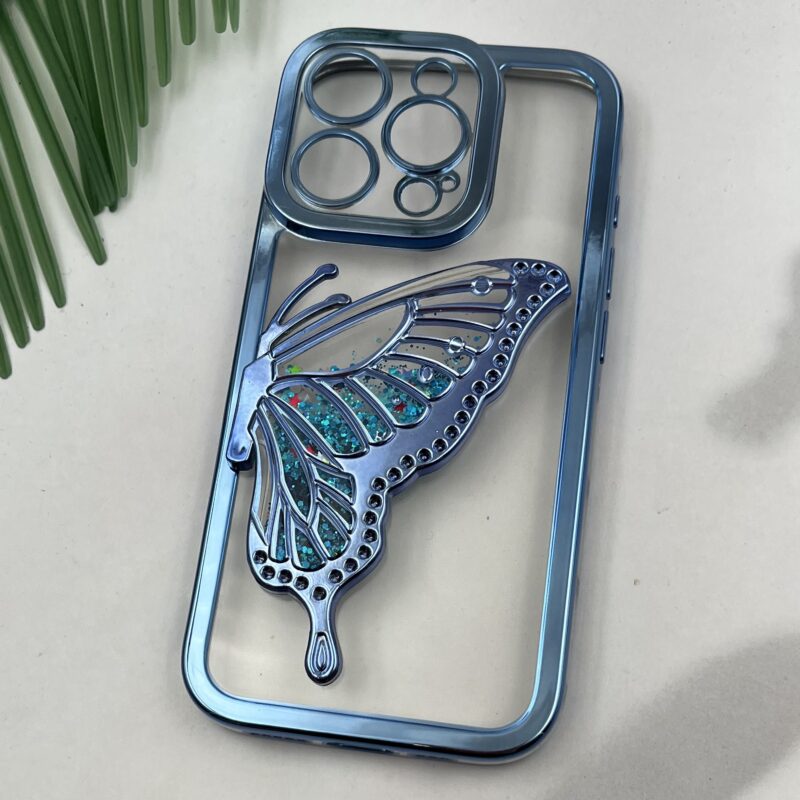 قاب گوشی iPhone 16 Pro آیفون آکواریومی طرح پروانه Butterfly برجسته اکلیلی آبی محافظ لنز دار کد 10121 - Image 2