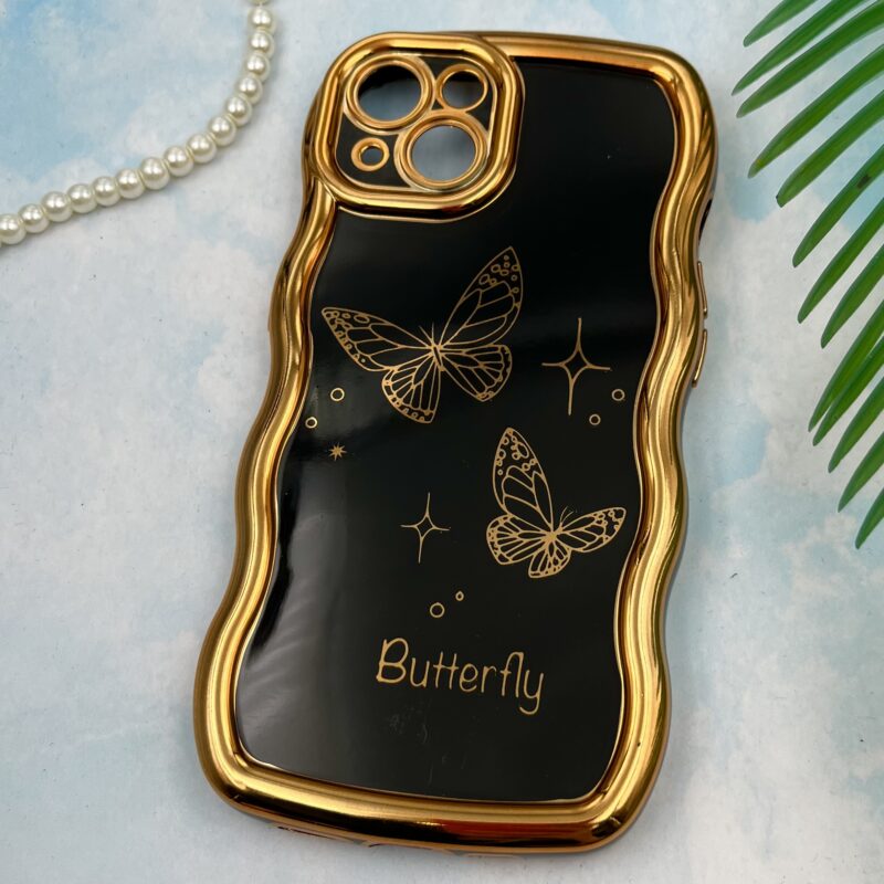 قاب گوشی iPhone 13 آیفون Solid دور طلایی مای کیس طرح پروانه Butterfly مشکی محافظ لنز دار کد 30494 - Image 2