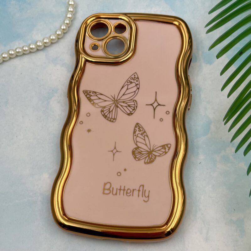 قاب گوشی iPhone 13 آیفون Solid دور طلایی مای کیس طرح پروانه Butterfly گلبهی محافظ لنز دار کد 55319 - Image 2