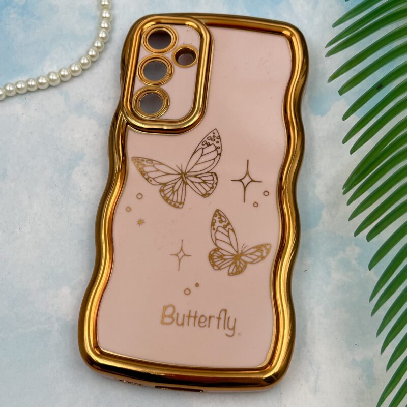 قاب گوشی Galaxy S23 FE سامسونگ Solid دور طلایی مای کیس طرح پروانه Butterfly گلبهی محافظ لنز دار کد 70285 - Image 2