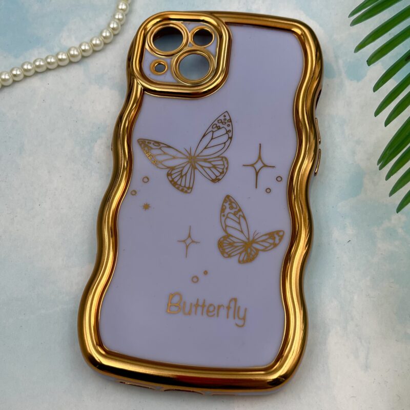 قاب گوشی iPhone 13 آیفون Solid دور طلایی مای کیس طرح پروانه Butterfly یاسی محافظ لنز دار کد 95807 - Image 2