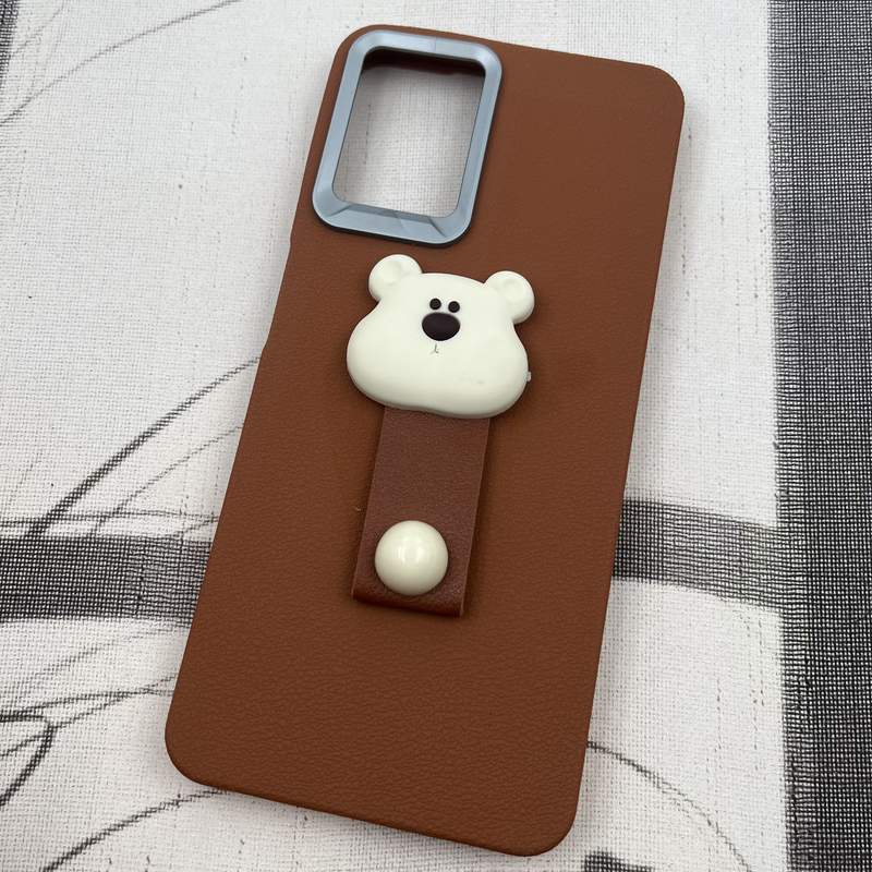 قاب گوشی Galaxy A22 4G / Galaxy M32 4G سامسونگ Leather Design عروسکی تدی فینگر بند لنز کروم عسلی کد 89460 - Image 2