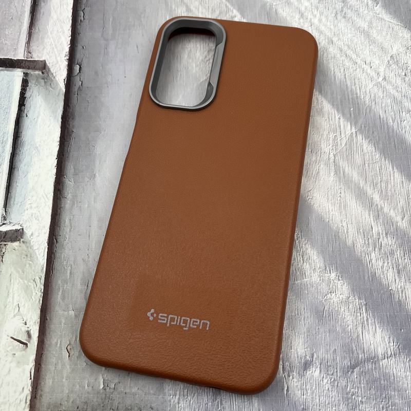 قاب گوشی Galaxy A14 سامسونگ Leather Design طرح چرم اورجینال Spigen لنز کروم اسپرت عسلی کد 53464 - Image 2