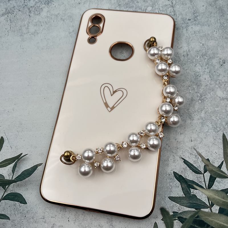 قاب گوشی Galaxy A10S سامسونگ دستبندی Gold Line دور طلایی مرواریدی الماسی طرح قلب محافظ لنز دار سفید کد 13152 - Image 2