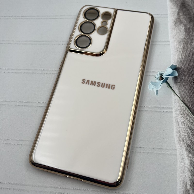 قاب گوشی Galaxy S21 Ultra سامسونگ ژله ای مای کیس طرح Gold Line دور طلایی محافظ لنز دار شیشه ای سفید کد 19742 - Image 2