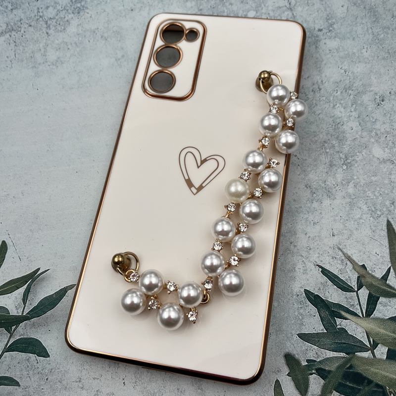 قاب گوشی Galaxy S20 FE سامسونگ دستبندی Gold Line دور طلایی مرواریدی الماسی طرح قلب محافظ لنز دار سفید کد 38613 - Image 2