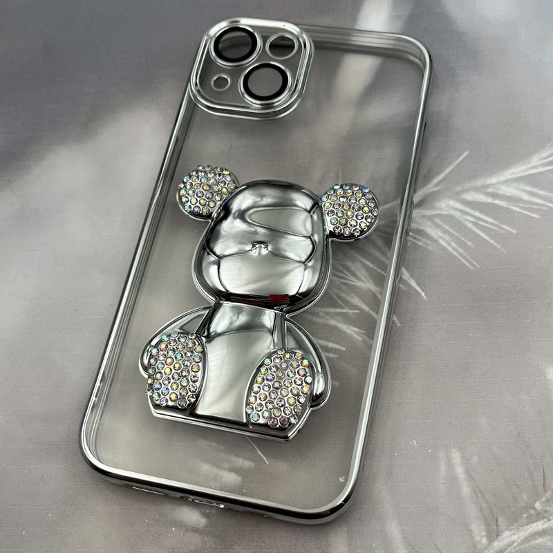قاب گوشی iPhone 13 آیفون شفاف دور رنگی عروسکی تدی برجسته نگینی طرح KAWS محافظ لنز دار شیشه ای نقره ای کد 85641 - Image 2