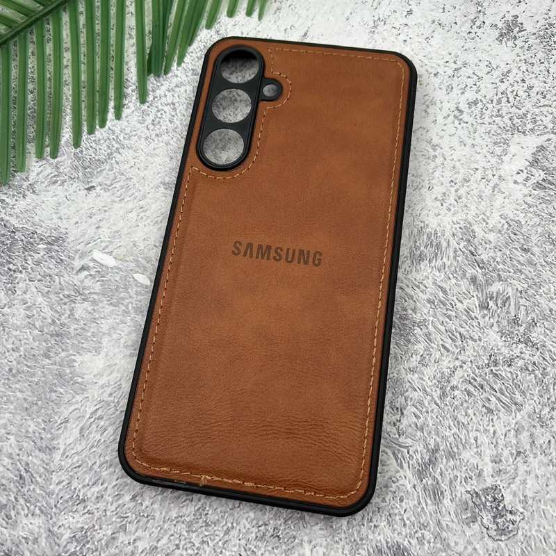 قاب گوشی Galaxy A35 سامسونگ Leather Case چرم اورجینال داخل پارچه ای لوگو دار کلاسیک محافظ لنز دار عسلی کد 90786 - Image 2