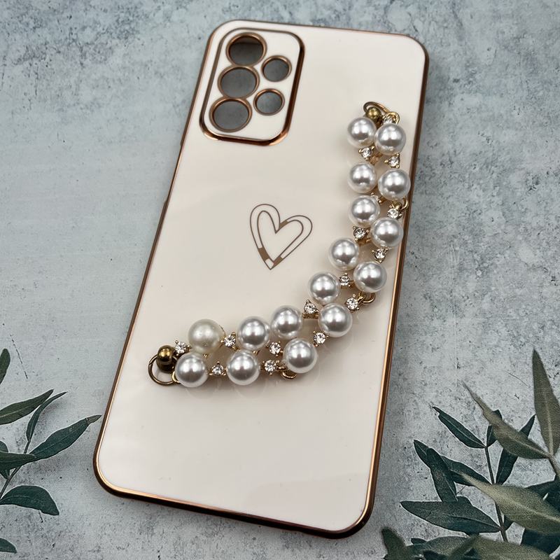 قاب گوشی Galaxy A23 سامسونگ دستبندی Gold Line دور طلایی مرواریدی الماسی طرح قلب محافظ لنز دار سفید کد 98885 - Image 2