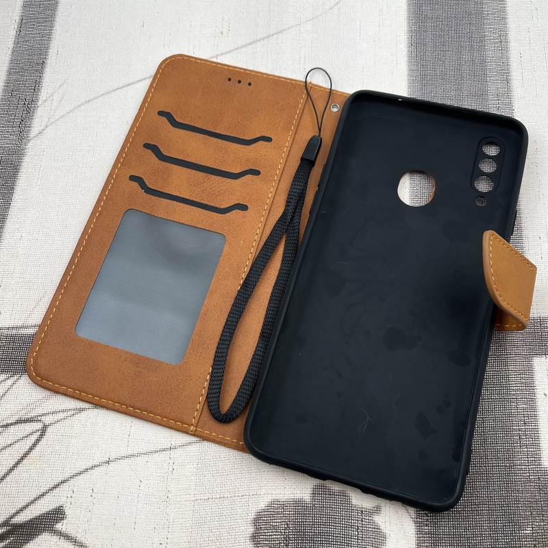 کیف گوشی Galaxy A20S سامسونگ چرم مگنتی جاکارتی بند آویز دار محافظ لنز دار عسلی کد 99966 - Image 2