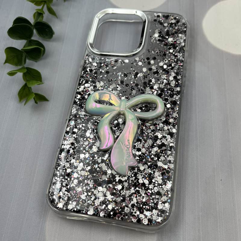 قاب گوشی iPhone 16 Pro Max آیفون Resin Case پاپیونی برجسته اکلیلی رزینی مشکی لنز Silver کد 25274 - Image 2