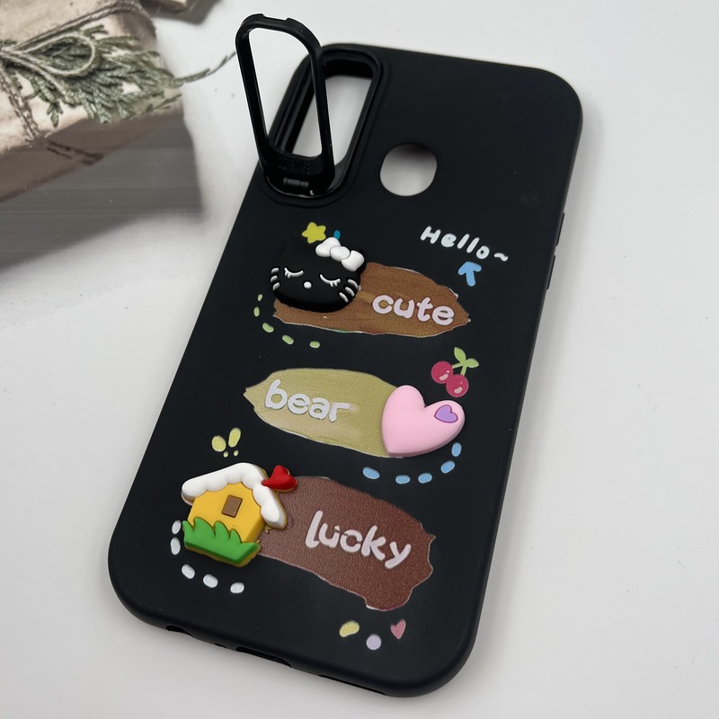 قاب گوشی Galaxy A20S سامسونگ سیلیکونی Stand Case پاستلی عروسکی برجسته مشکی لنز استندشو کد 30010 - Image 2