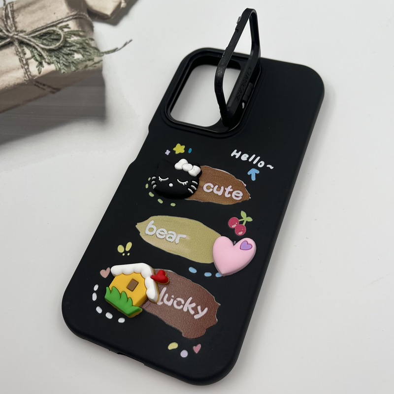 قاب گوشی Redmi Note 11 4G / Redmi Note 11S شیائومی سیلیکونی Stand Case پاستلی عروسکی برجسته مشکی لنز استندشو کد 40318 - Image 2