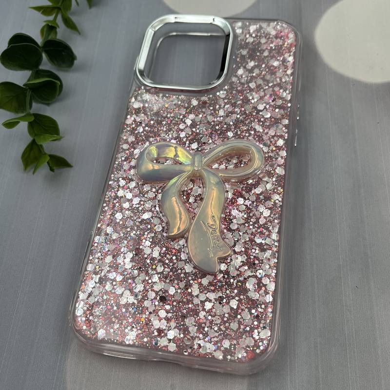 قاب گوشی iPhone 16 Pro Max آیفون Resin Case پاپیونی برجسته اکلیلی رزینی صورتی لنز Silver کد 42106 - Image 2