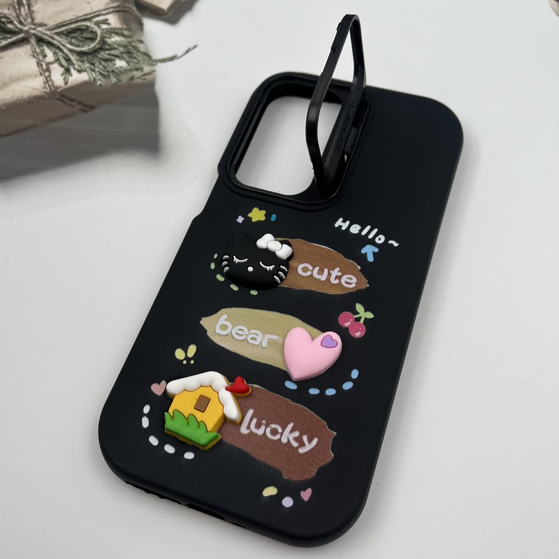 قاب گوشی Galaxy A55 سامسونگ سیلیکونی Stand Case پاستلی عروسکی برجسته مشکی لنز استندشو کد 47790 - Image 2