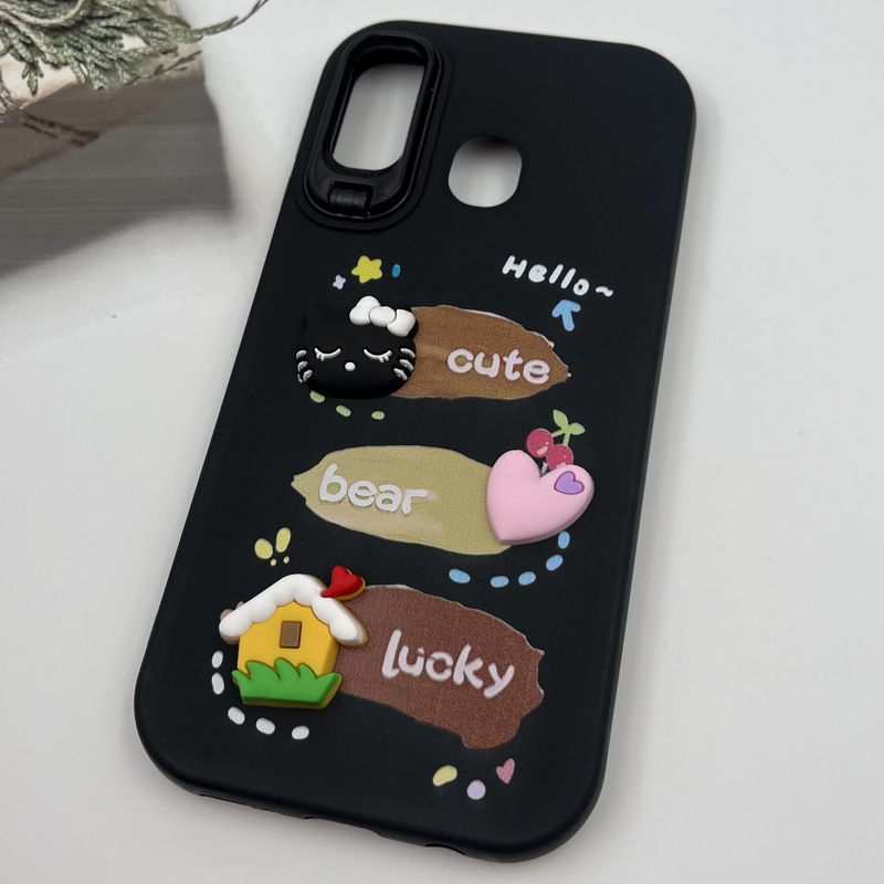 قاب گوشی Galaxy A20 / A30 سامسونگ سیلیکونی Stand Case پاستلی عروسکی برجسته مشکی لنز استندشو کد 68088 - Image 2