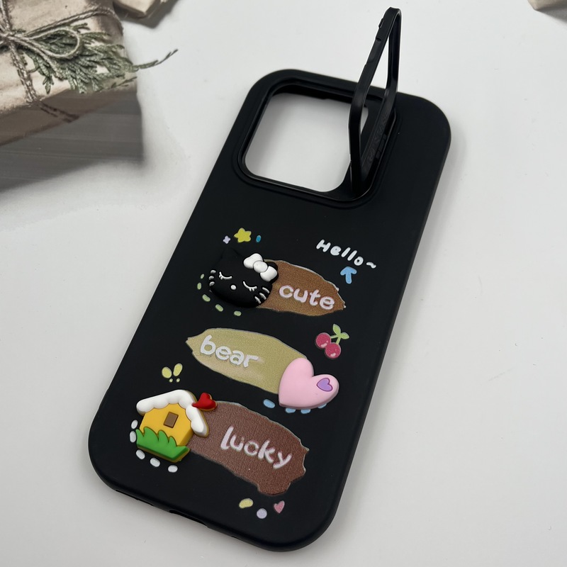 قاب گوشی Redmi 10C / Redmi 10 Power / Poco C40 شیائومی سیلیکونی Stand Case پاستلی عروسکی برجسته مشکی لنز استندشو کد 78116 - Image 2