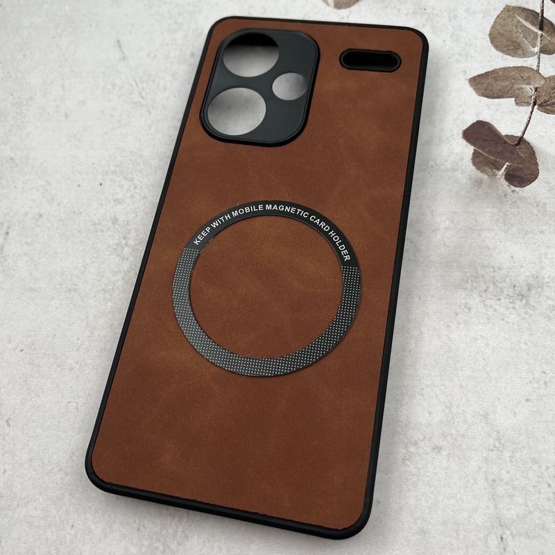 قاب گوشی Redmi Note 13 Pro Plus شیائومی چرمی MAGNETIC طرح مگ سیف دار MagSafe محافظ لنز دار عسلی کد 78518 - Image 2
