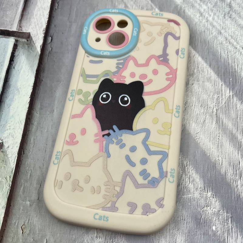 قاب گوشی iPhone 13 آیفون سیلیکونی ایربگ دار Happy Cat گربه محافظ لنز دار برجسته رنگی کد 65638 - Image 2
