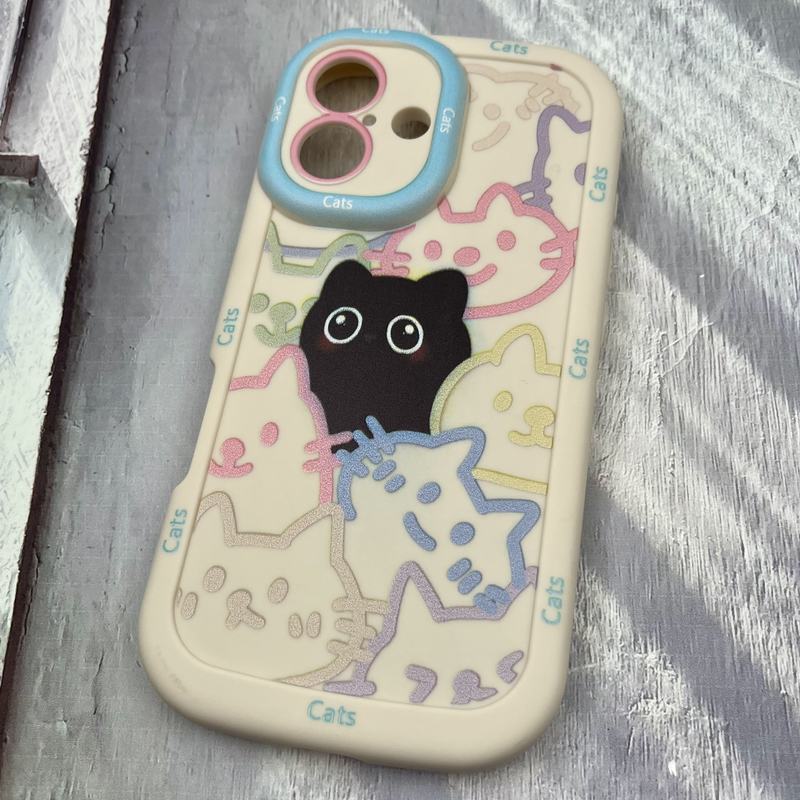 قاب گوشی iPhone 16 آیفون سیلیکونی ایربگ دار Happy Cat گربه محافظ لنز دار برجسته رنگی کد 97361 - Image 2