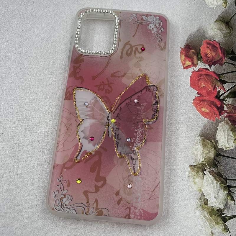 قاب گوشی Galaxy A12 / Galaxy M12 سامسونگ Crystal Case نگین دار لوکس رزینی طرح پروانه صورتی لنز الماسی کد 40322 - Image 2