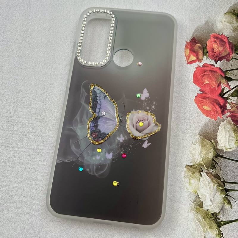 قاب گوشی Redmi Note 8 / Redmi Note 8 2021 شیائومی Crystal Case نگین دار لوکس رزینی طرح پروانه و رز سفید لنز الماسی کد 56040 - Image 2