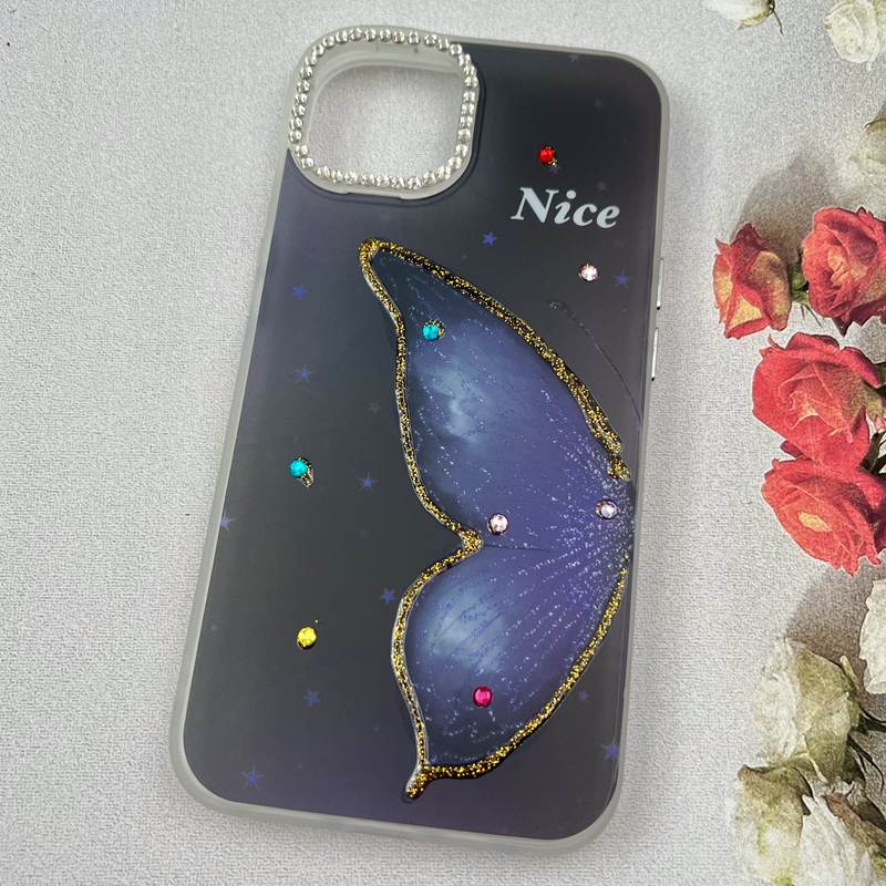 قاب گوشی iPhone 13 / iPhone 14 آیفون Crystal Case نگین دار لوکس رزینی طرح بال پروانه لنز الماسی کد 57259 - Image 2