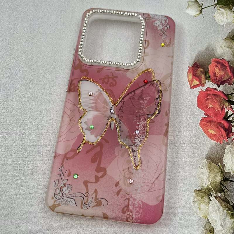 قاب گوشی Redmi Note 14 4G شیائومی Crystal Case نگین دار لوکس رزینی طرح پروانه صورتی لنز الماسی کد 61702 - Image 2