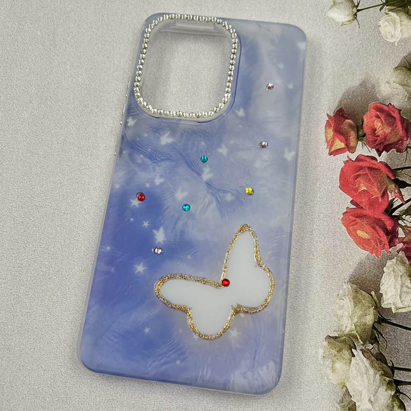 قاب گوشی Poco X7 Pro شیائومی Crystal Case نگین دار لوکس رزینی طرح پروانه آبی لنز الماسی کد 67058 - Image 2